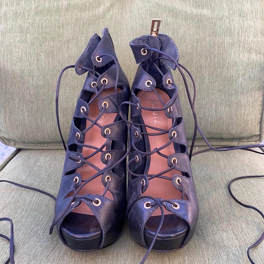 Schutz Black Lace Up Heels